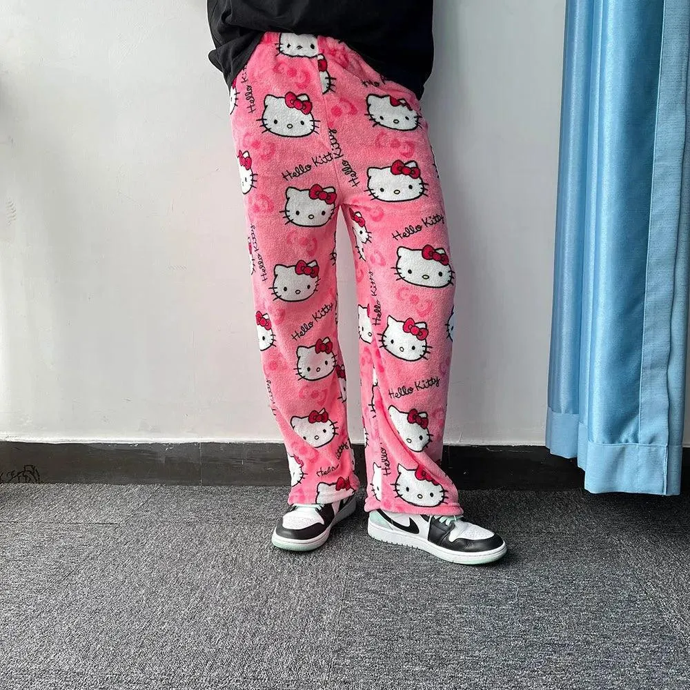 Hello Kitty Black Flannel Pants: Cozy Cartoon Loungewear - Women's Delight