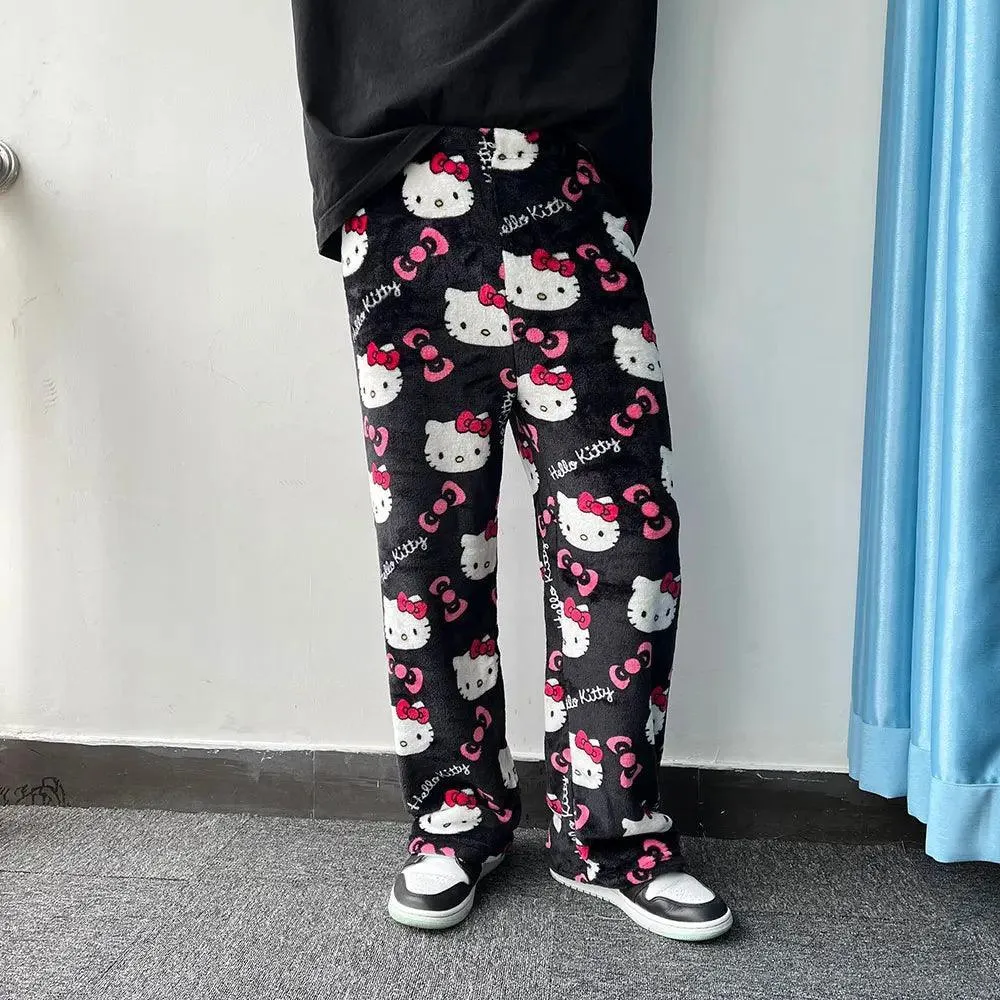 Hello Kitty Black Flannel Pants: Cozy Cartoon Loungewear - Women's Delight