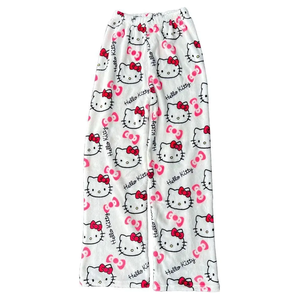 Hello Kitty Black Flannel Pants: Cozy Cartoon Loungewear - Women's Delight