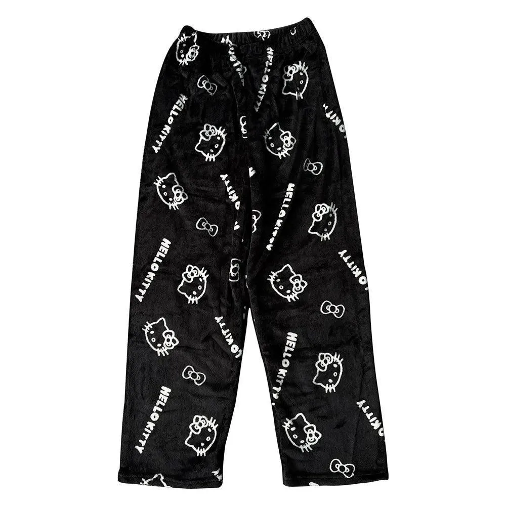 Hello Kitty Black Flannel Pants: Cozy Cartoon Loungewear - Women's Delight