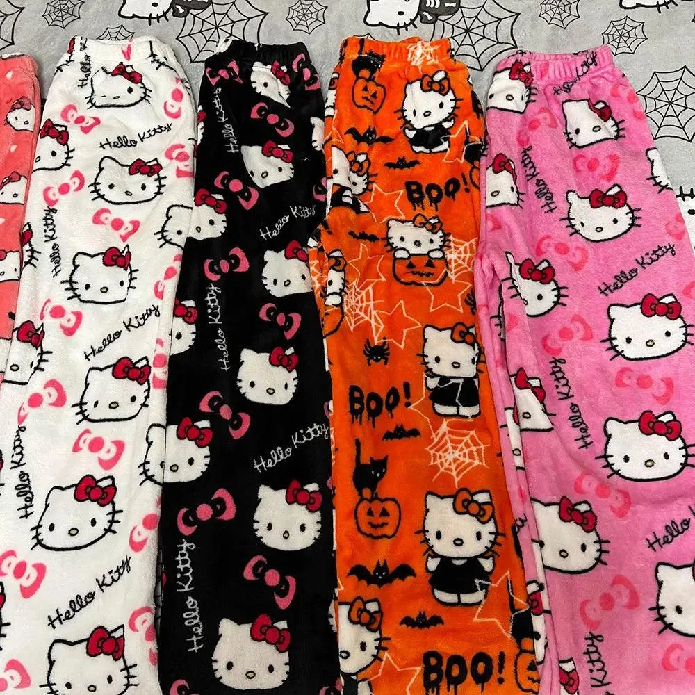 Hello Kitty Black Flannel Pants: Cozy Cartoon Loungewear - Women's Delight