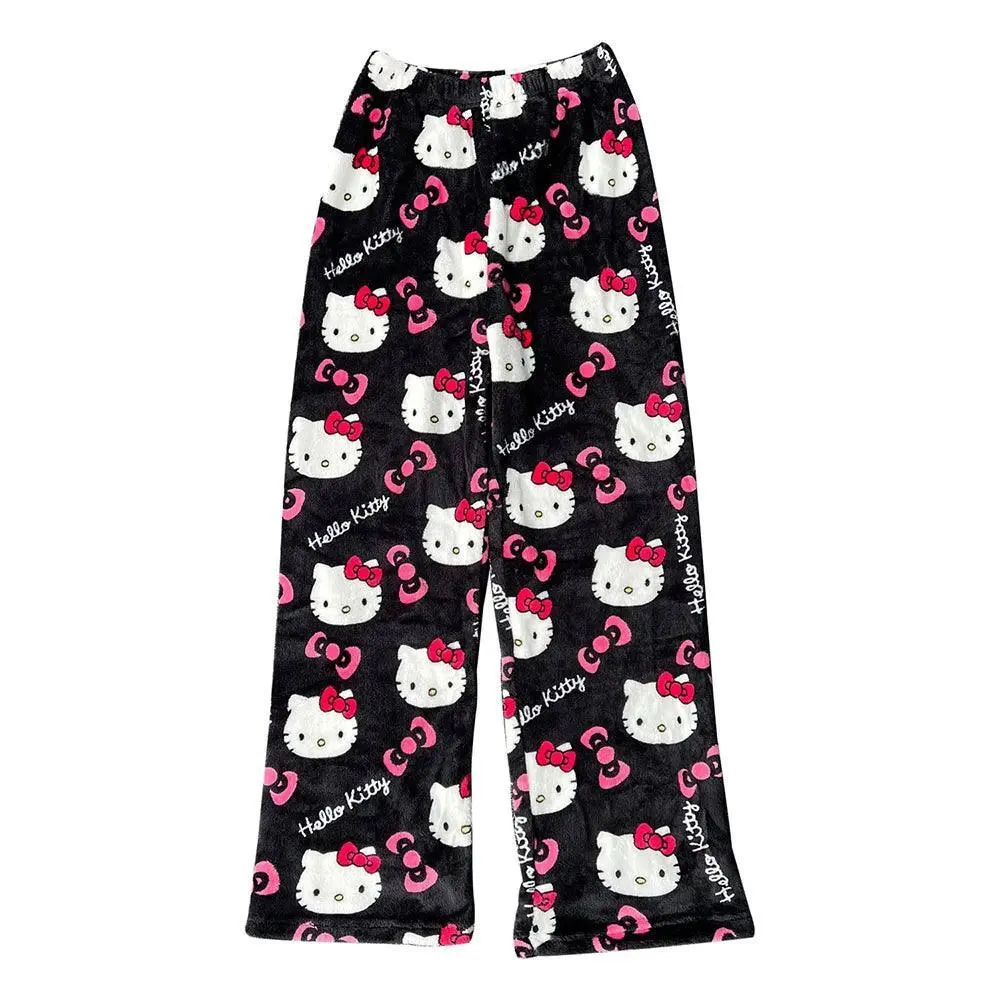 Hello Kitty Black Flannel Pants: Cozy Cartoon Loungewear - Women's Delight