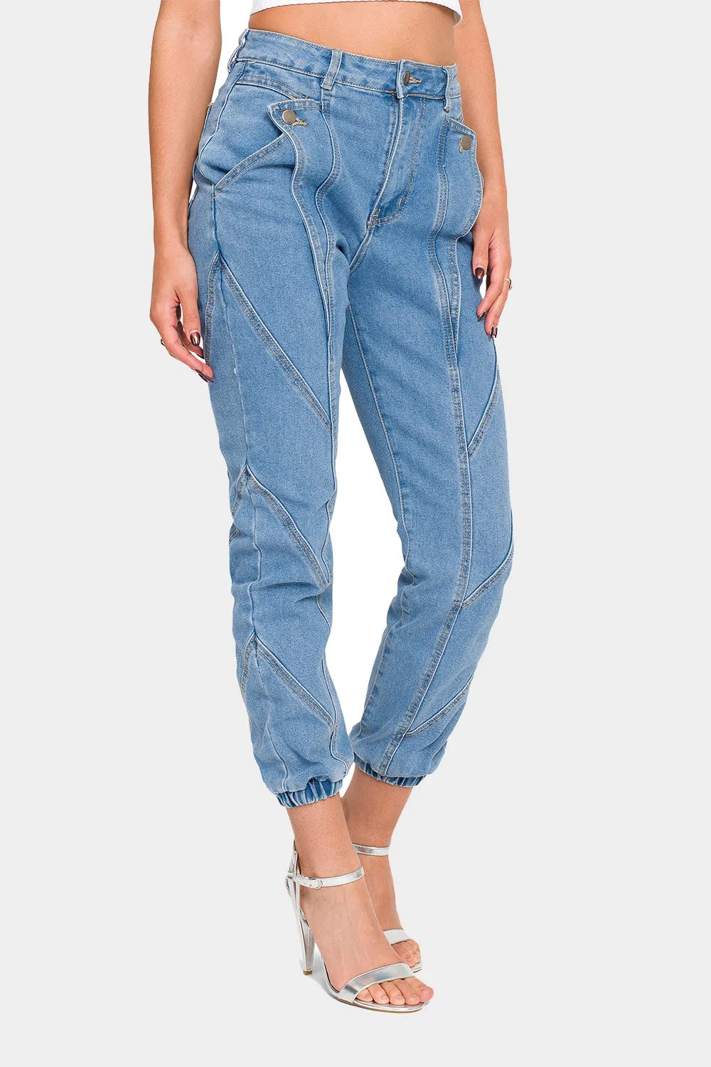 High Rise Detail Sewing Denim Joggers