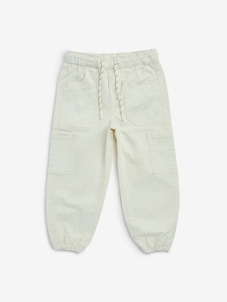 HOP Kids Off-White Mid-Rise Cotton Blend Cargo Joggers