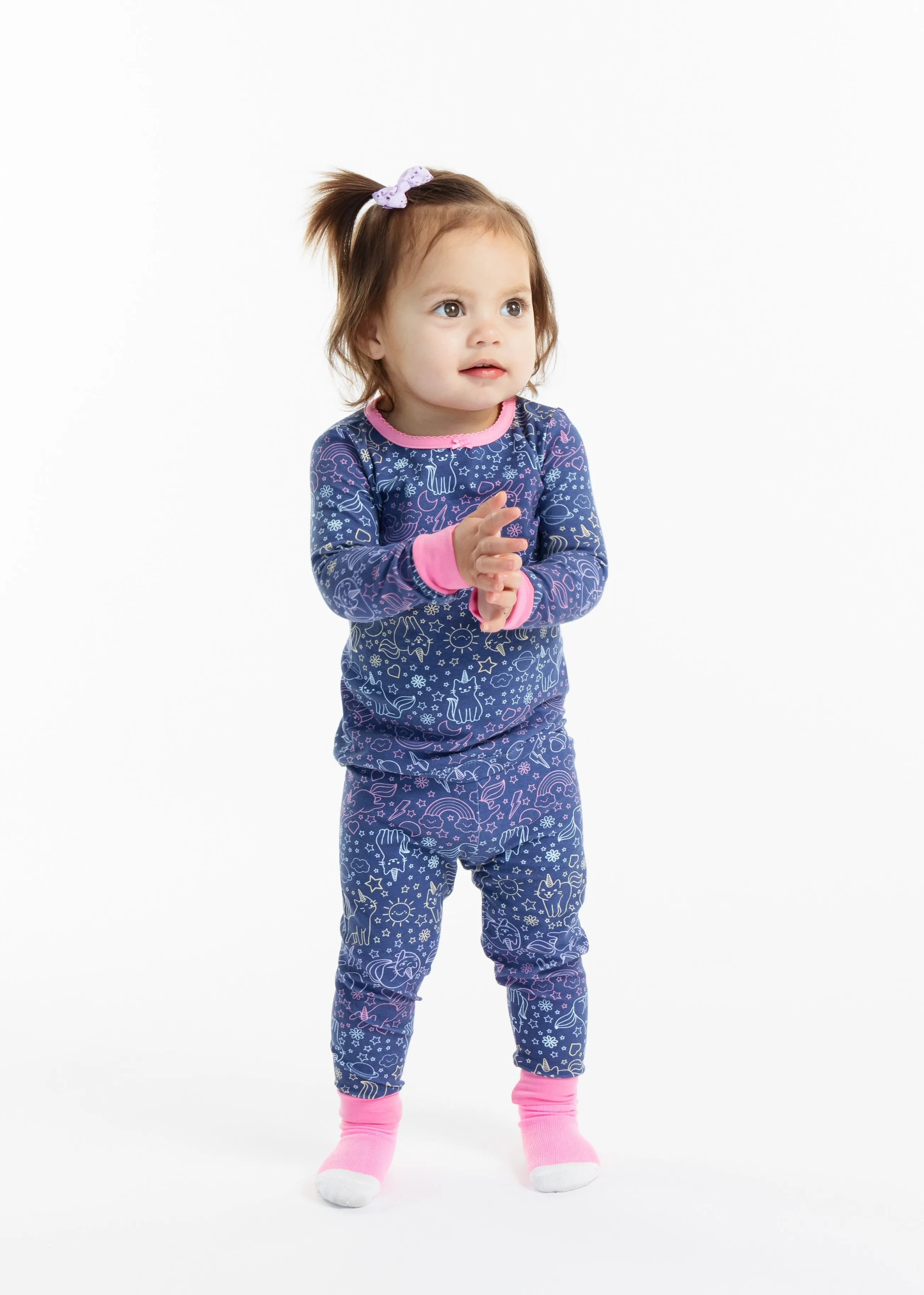 Infant/Toddler Girls Unicorn Kitty Snug Fit 2-Piece Pajama Sleep Set With Matching Socks