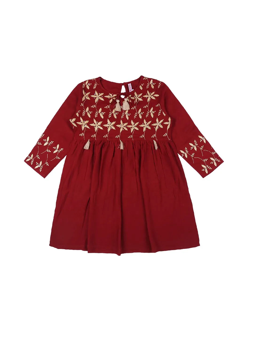 Ishin Girls Viscose Rayon Maroon Embroidered Top