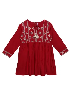 Ishin Girls Viscose Rayon Maroon Embroidered Top