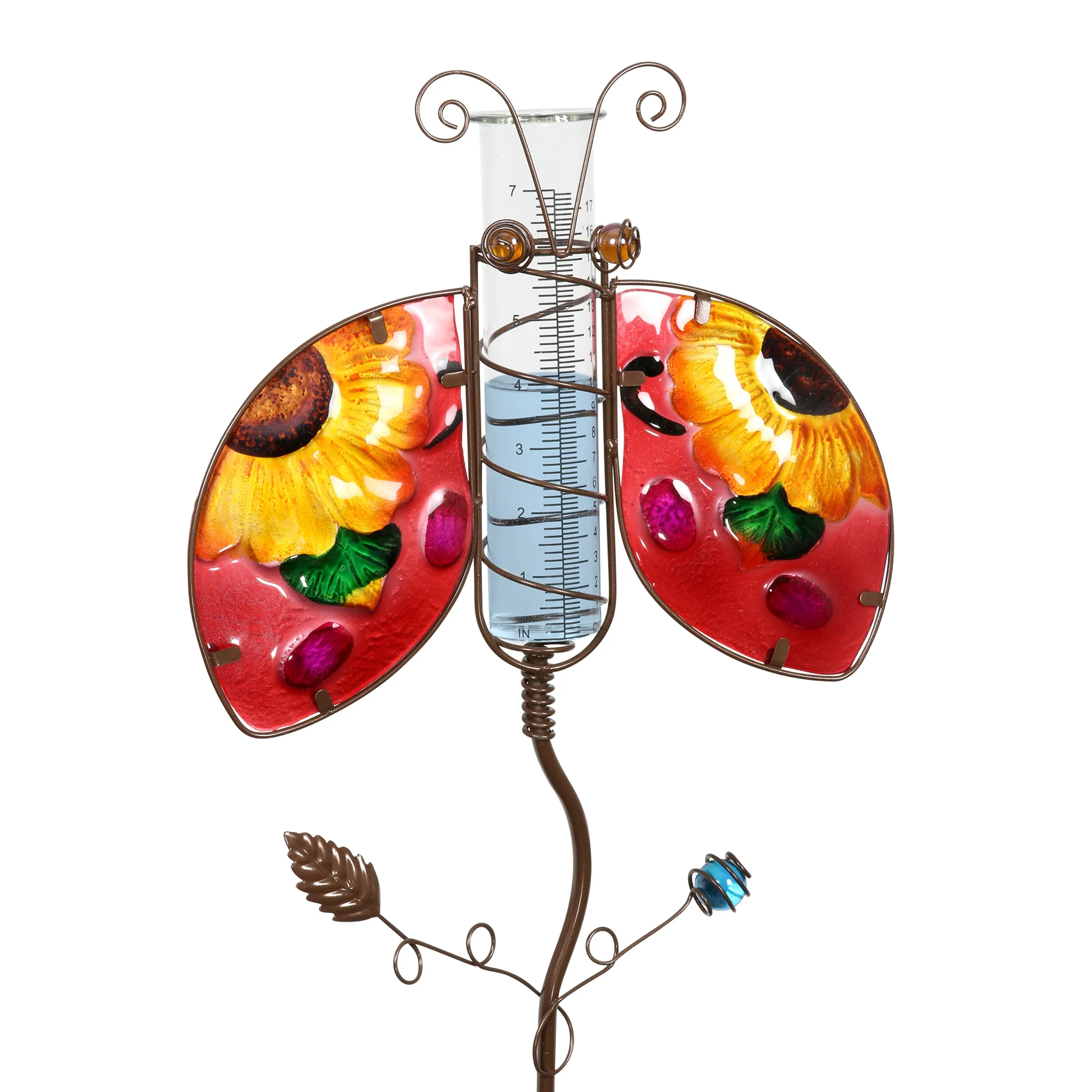 Ladybug Rain Gauge Garden Stake Hand Painted, Made of Glass and Metal, 36 Inches