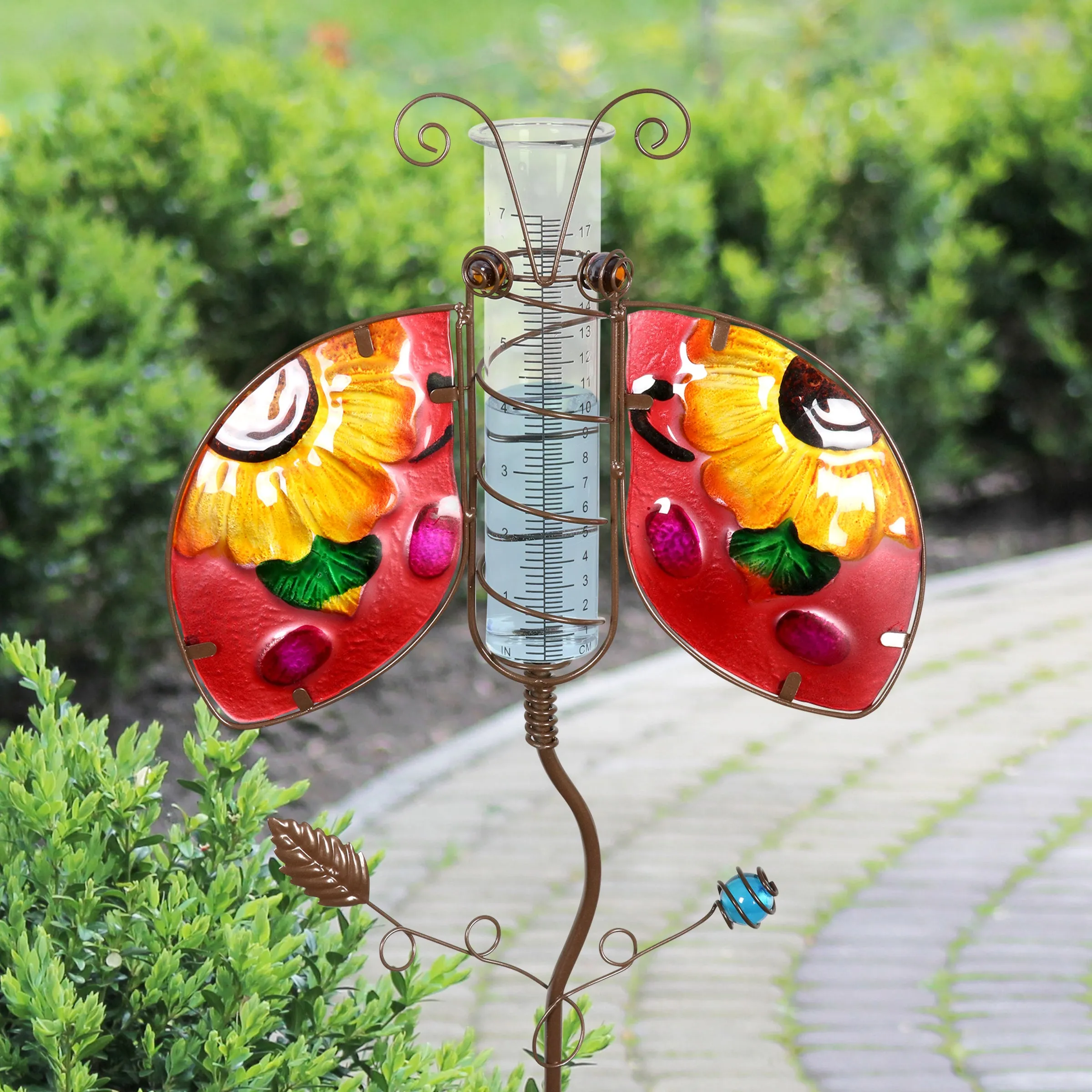 Ladybug Rain Gauge Garden Stake Hand Painted, Made of Glass and Metal, 36 Inches