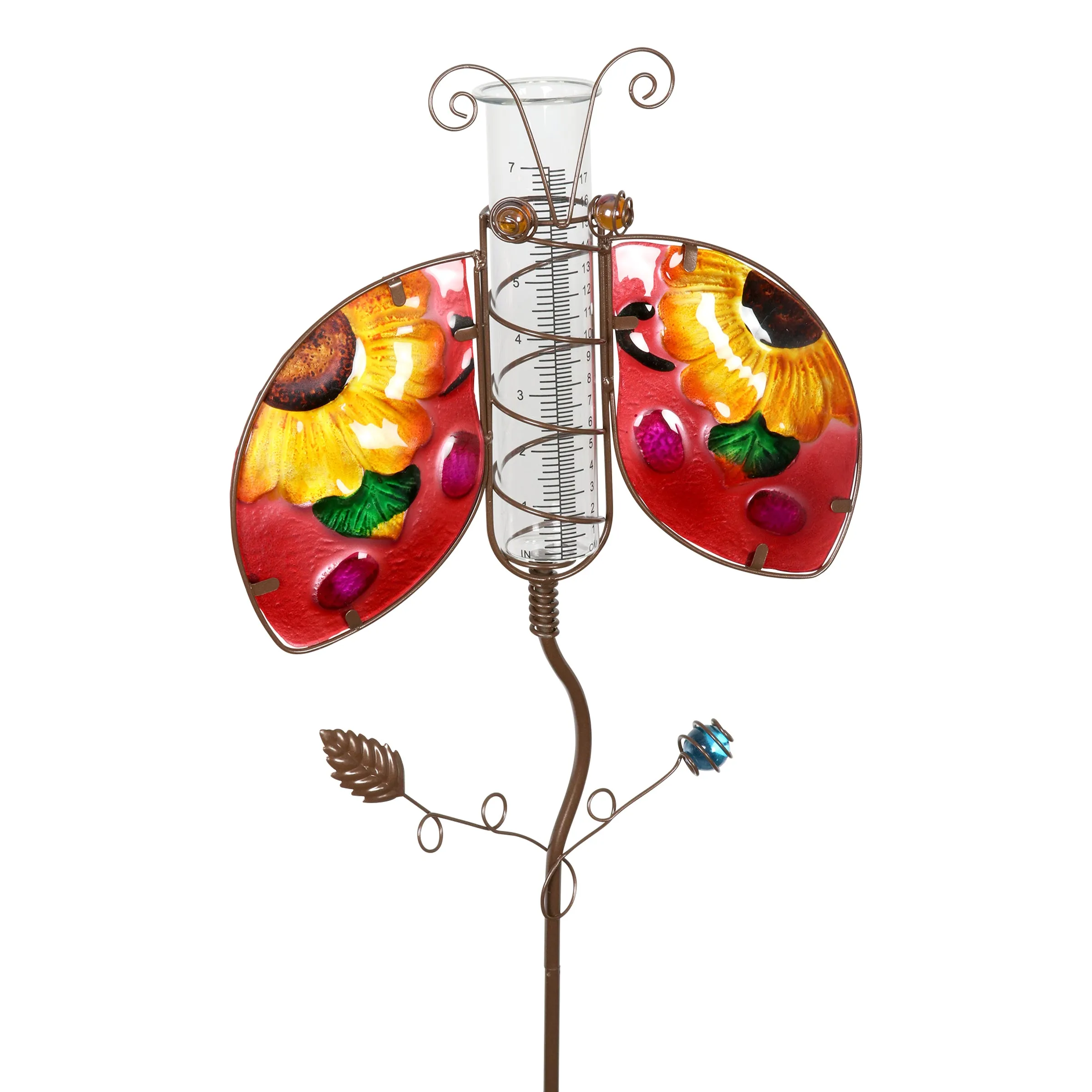 Ladybug Rain Gauge Garden Stake Hand Painted, Made of Glass and Metal, 36 Inches