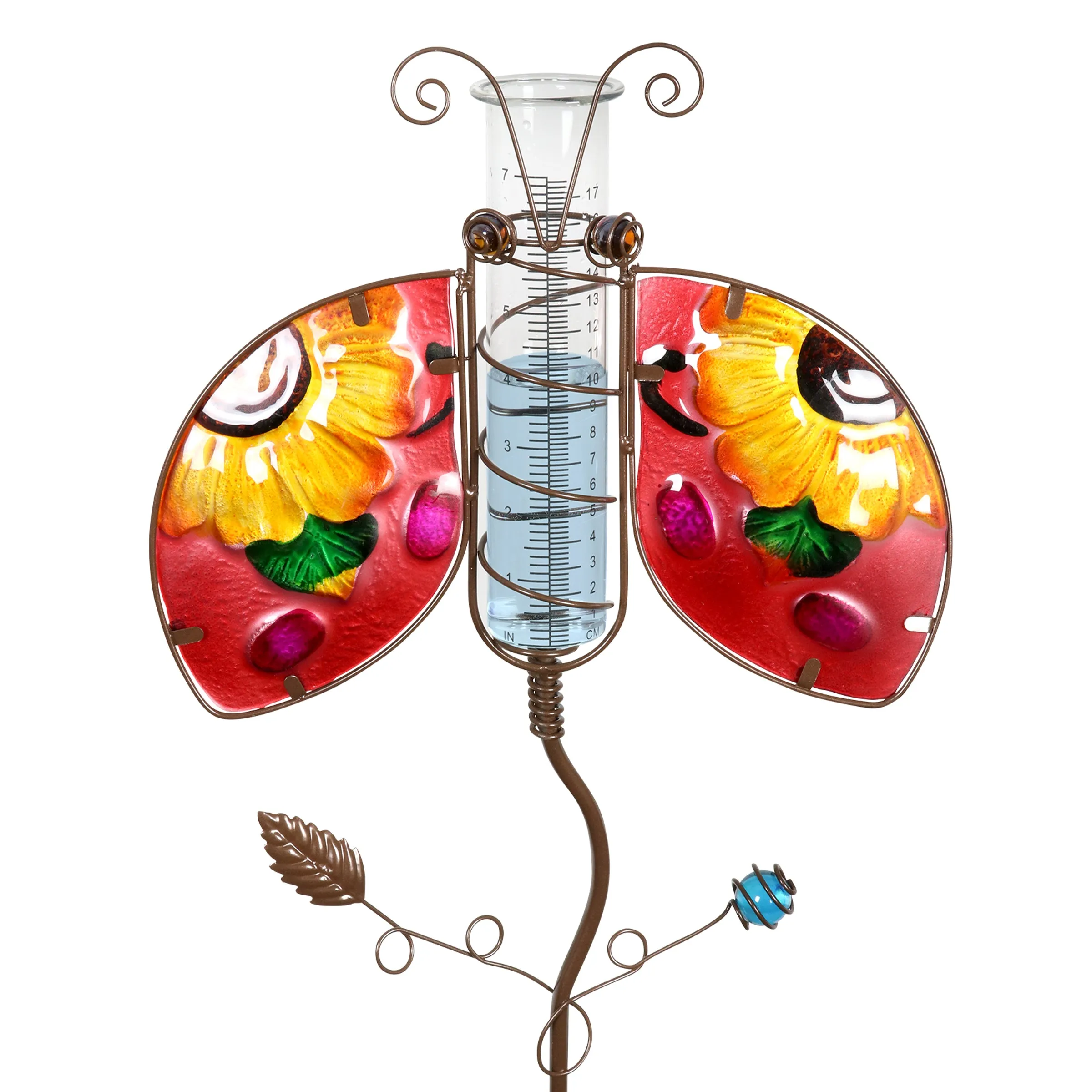 Ladybug Rain Gauge Garden Stake Hand Painted, Made of Glass and Metal, 36 Inches