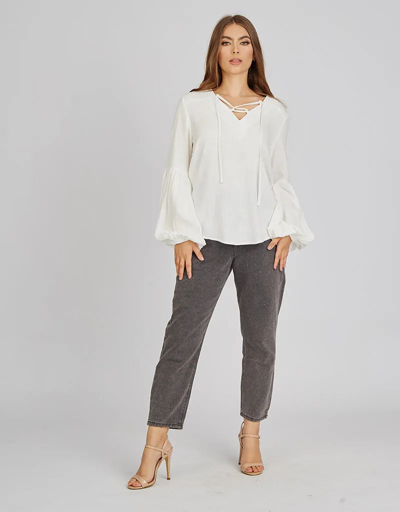 Linen Cross Neck Tie Puff Sleeve Top