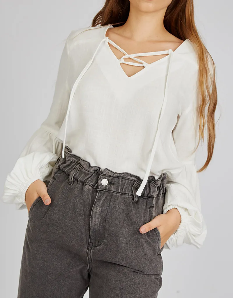 Linen Cross Neck Tie Puff Sleeve Top