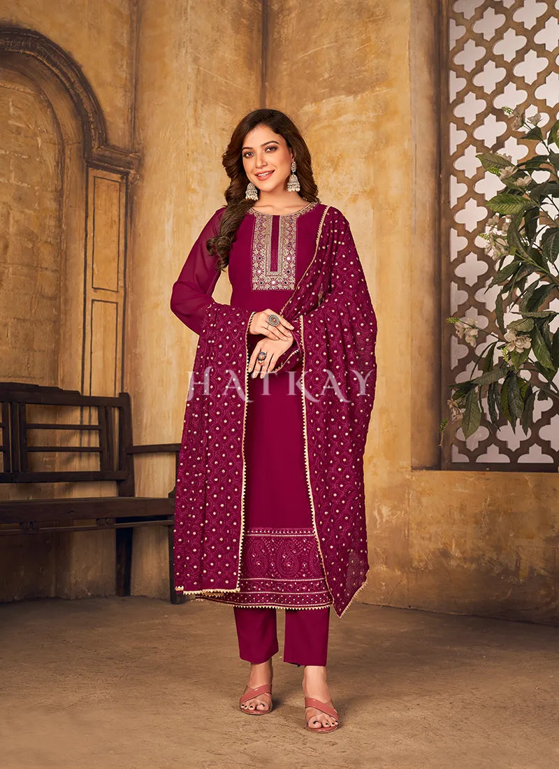 Magenta Pink Georgette Embroidered Pant Style Salwar Suit