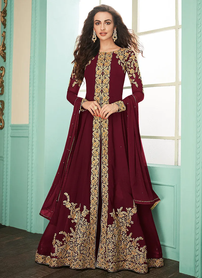 Maroon Slit Style Embroidered Anarkali Suit