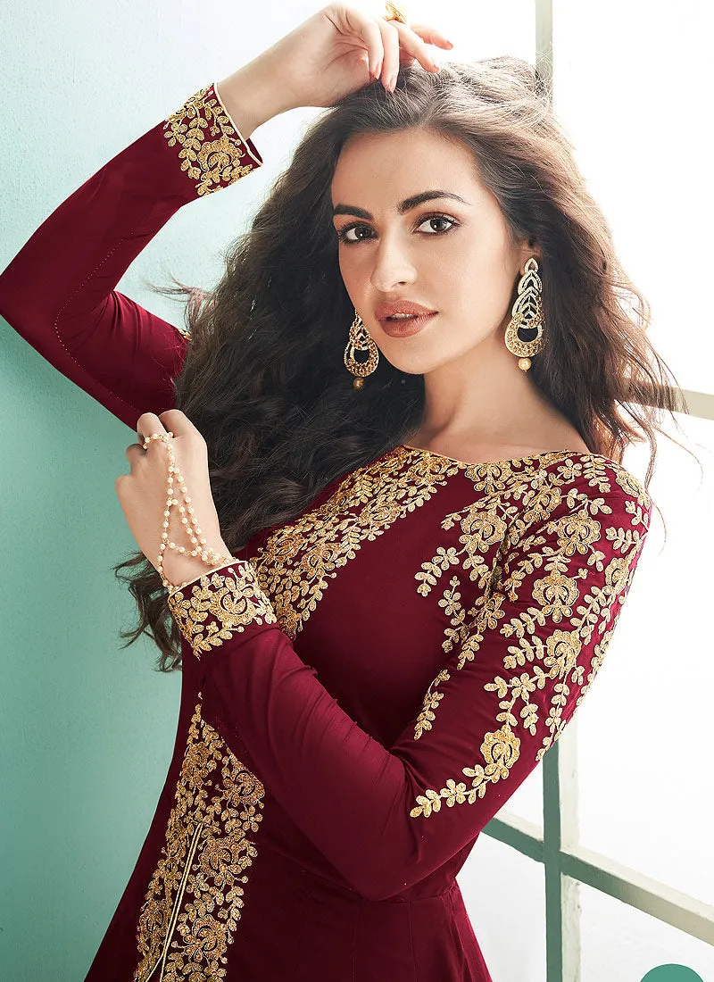 Maroon Slit Style Embroidered Anarkali Suit