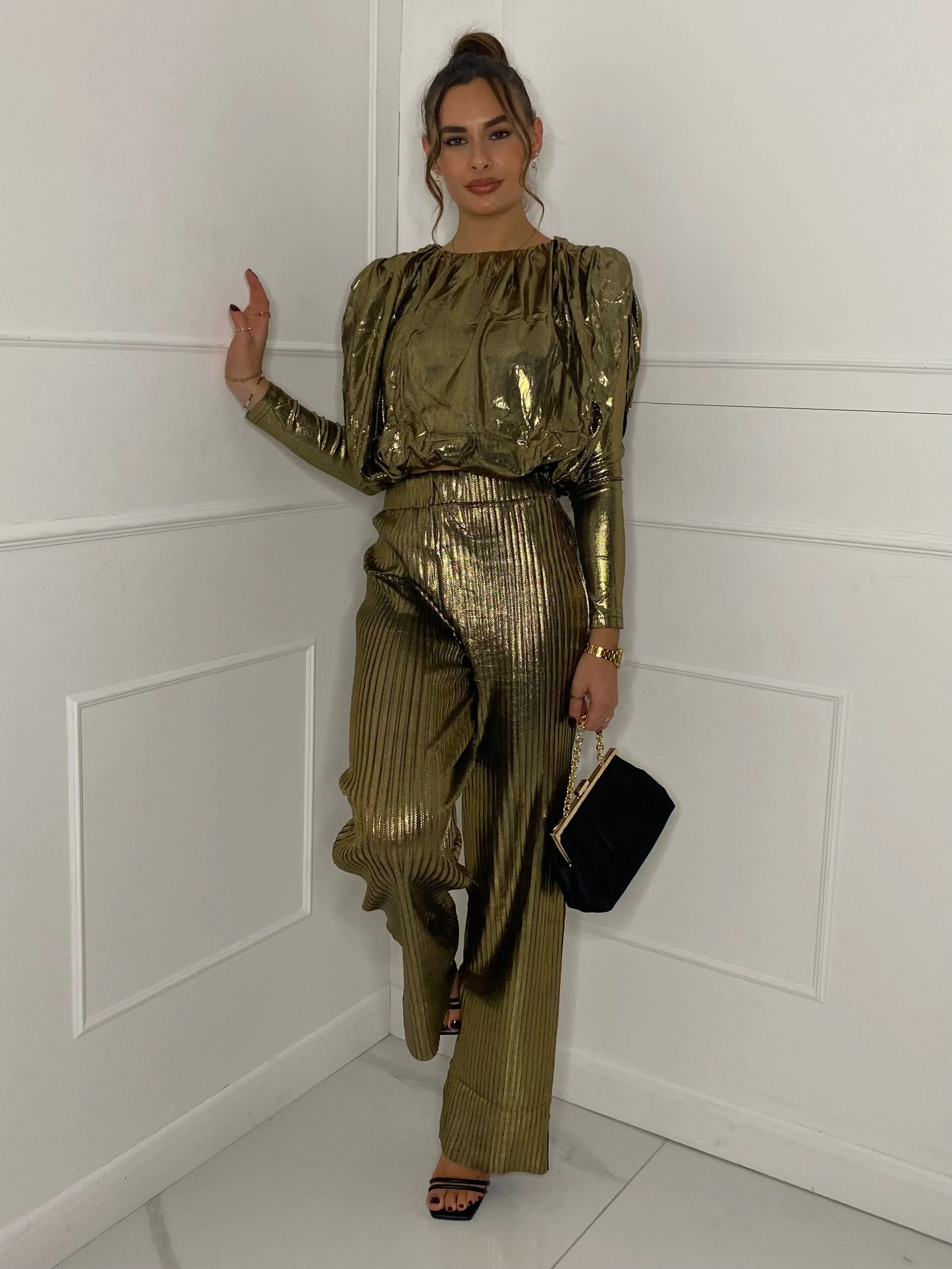 Metallic Look Top & Flares Co-Ord - Gold