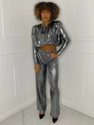 Metallic Look Top & Flares Co-Ord - Silver