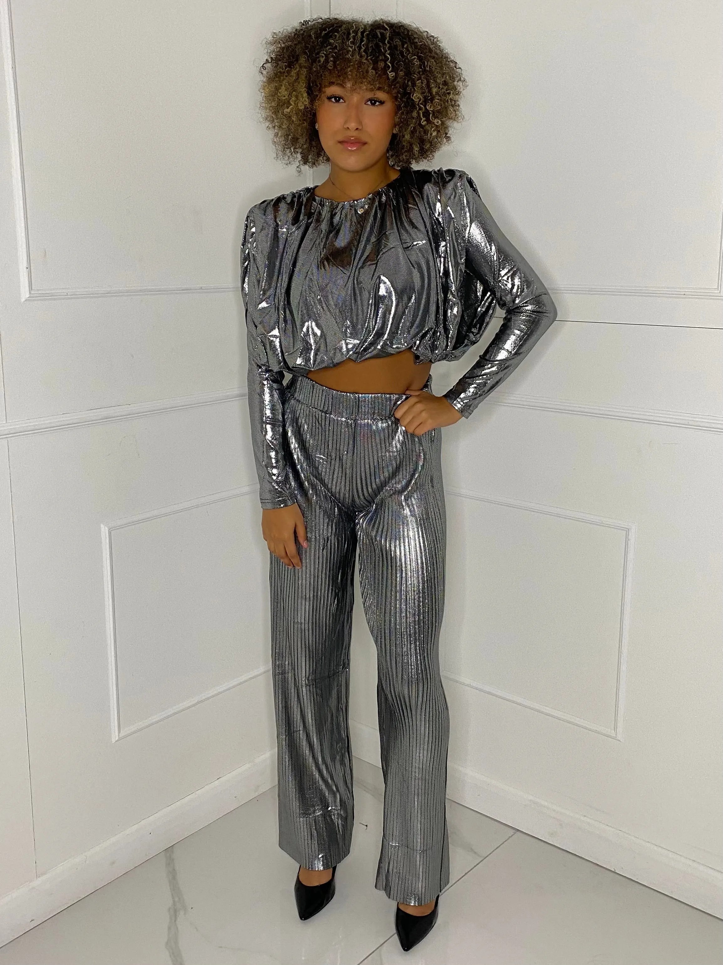 Metallic Look Top & Flares Co-Ord - Silver