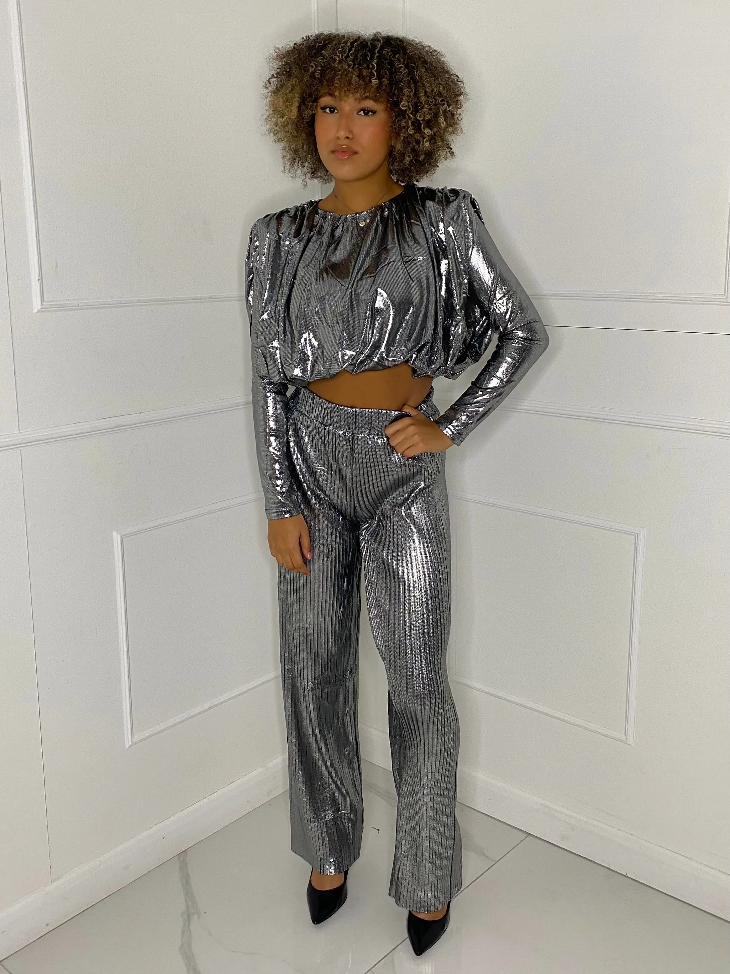 Metallic Look Top & Flares Co-Ord - Silver