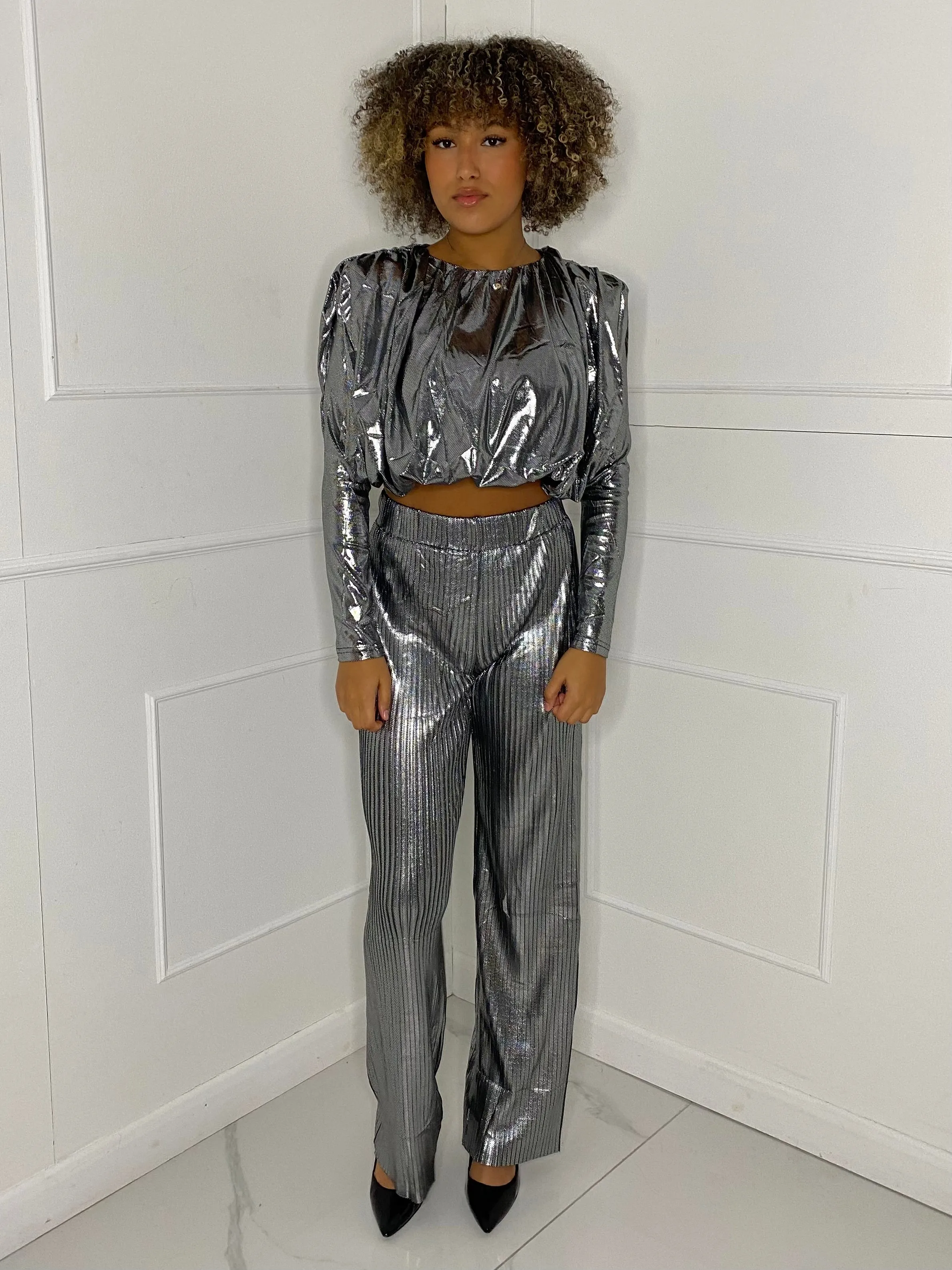 Metallic Look Top & Flares Co-Ord - Silver