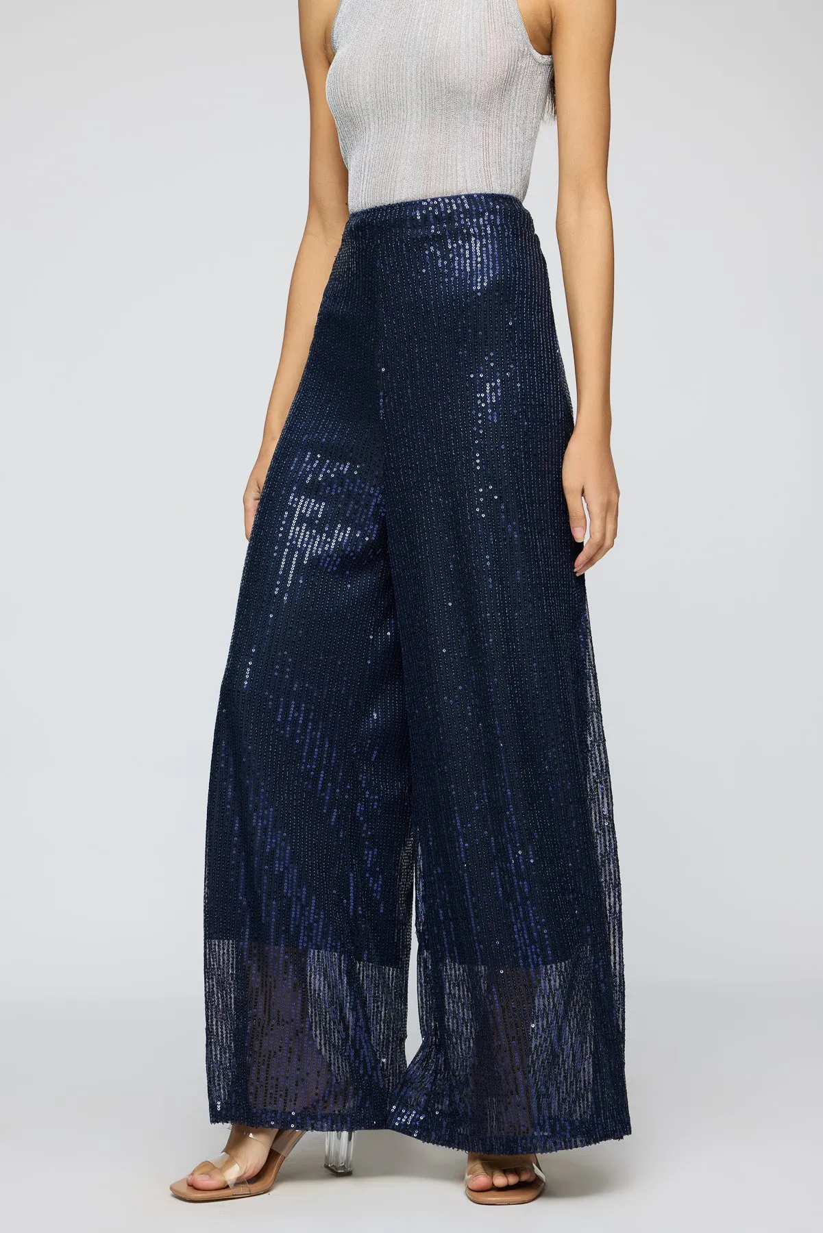 Moonlight Navy Sequin Flare Fit Korean Pants