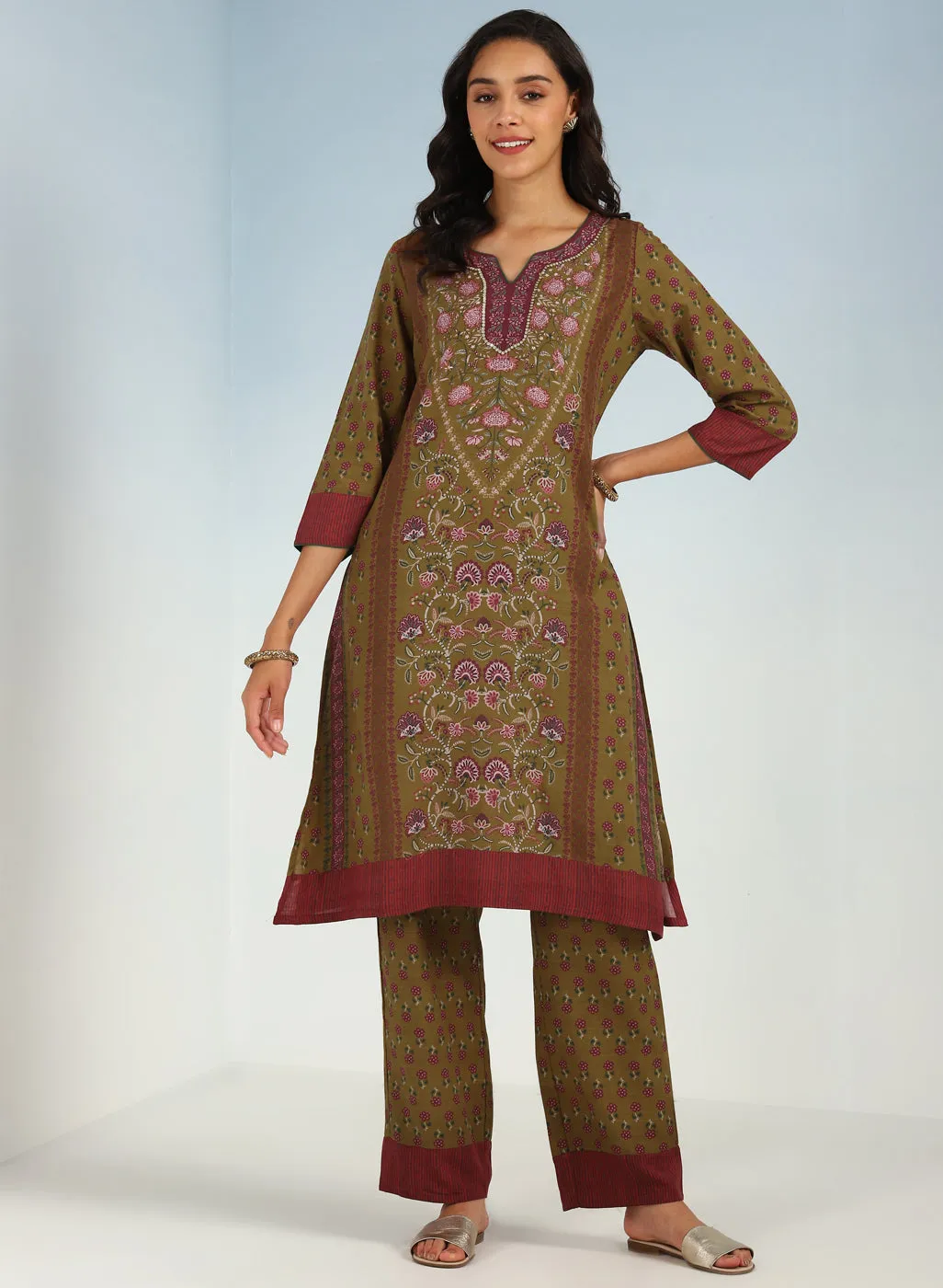 Mud Green Kurta Set with Round neck and Contrast Front Placket