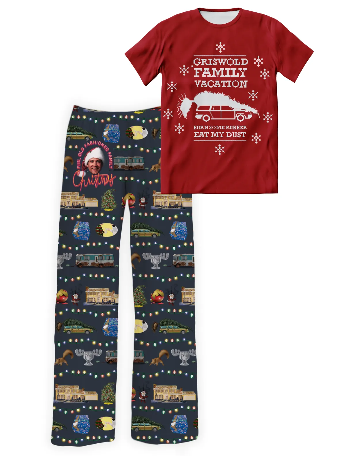 National Lampoon's Christmas Vacation Pajama Set – Sleep Shirt & Pajama Pants (Burn Rubber Eat Dust)