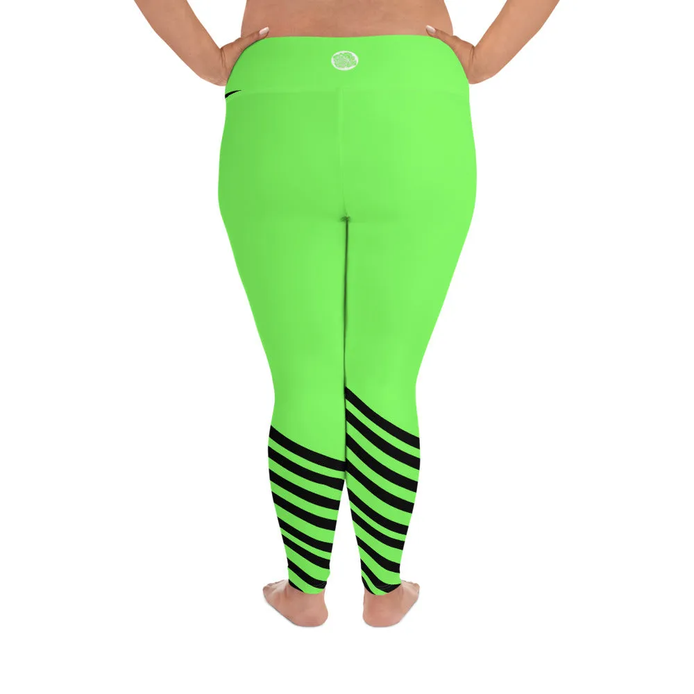 Neon Green Plus Size Tights, Best Black Diagonal Stripe Women's Elastic Plus Size Leggings - Made in USA/EU/MX