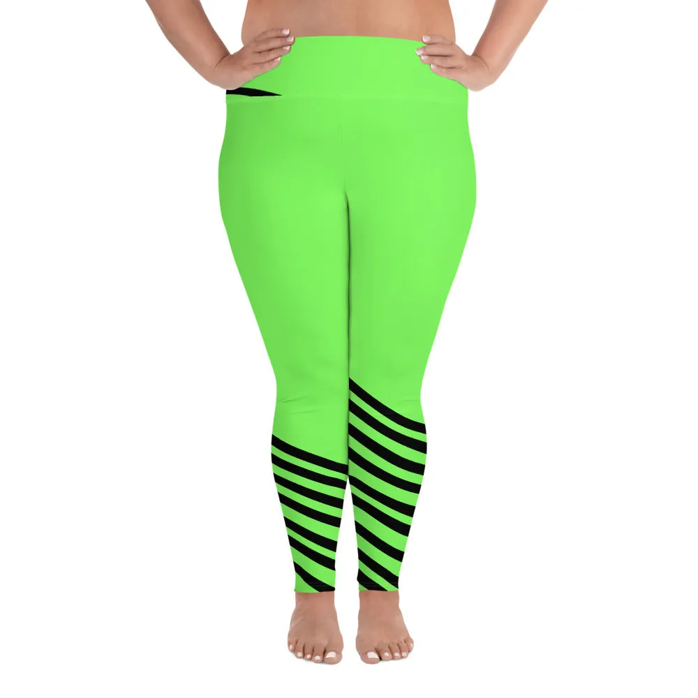 Neon Green Plus Size Tights, Best Black Diagonal Stripe Women's Elastic Plus Size Leggings - Made in USA/EU/MX