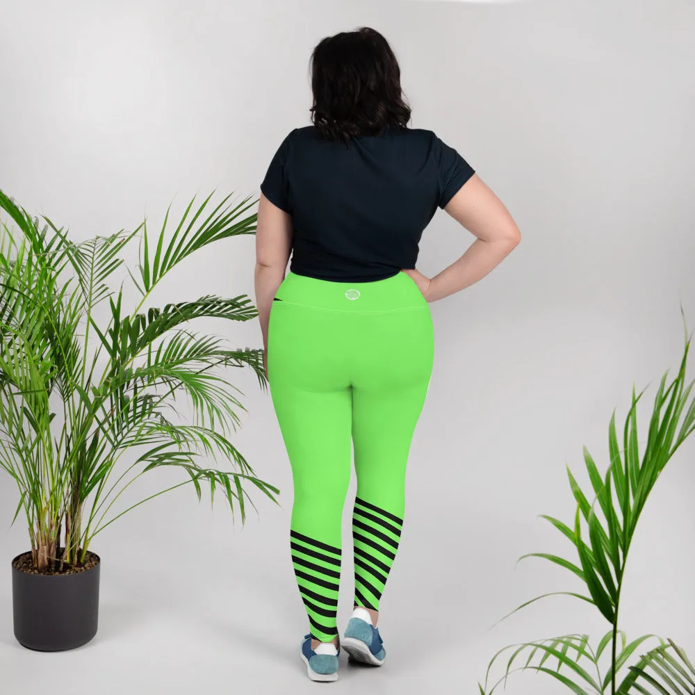 Neon Green Plus Size Tights, Best Black Diagonal Stripe Women's Elastic Plus Size Leggings - Made in USA/EU/MX