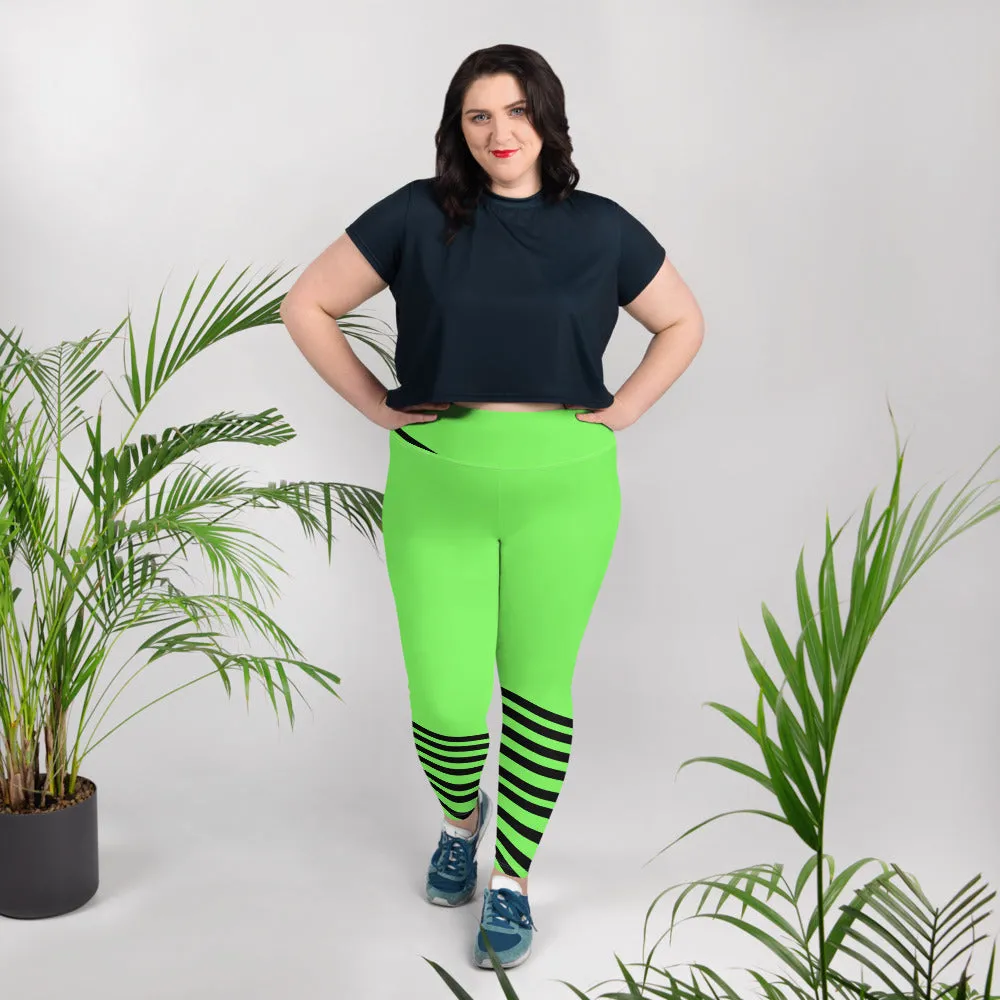 Neon Green Plus Size Tights, Best Black Diagonal Stripe Women's Elastic Plus Size Leggings - Made in USA/EU/MX