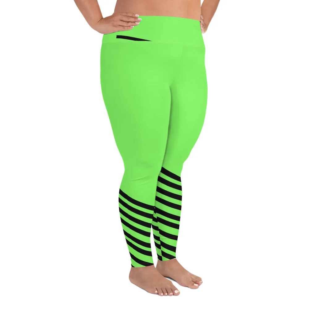 Neon Green Plus Size Tights, Best Black Diagonal Stripe Women's Elastic Plus Size Leggings - Made in USA/EU/MX