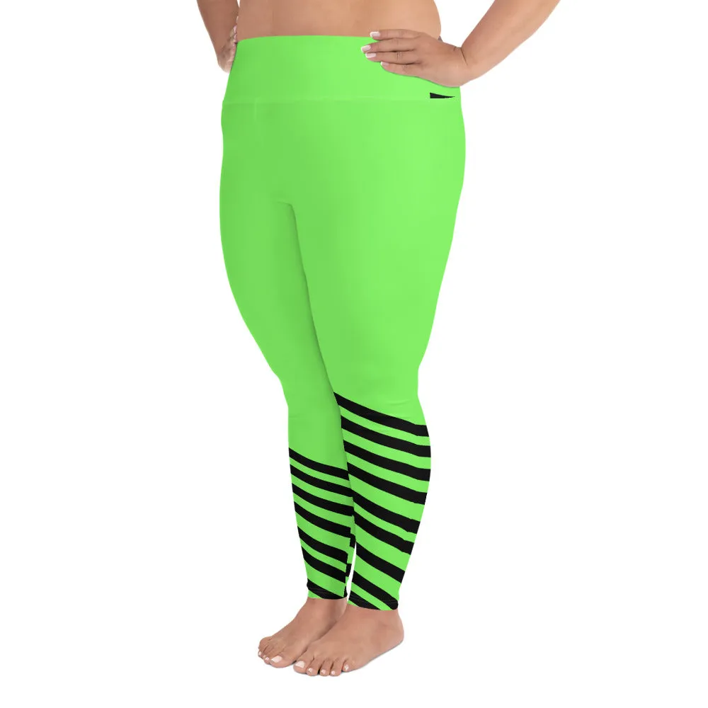 Neon Green Plus Size Tights, Best Black Diagonal Stripe Women's Elastic Plus Size Leggings - Made in USA/EU/MX