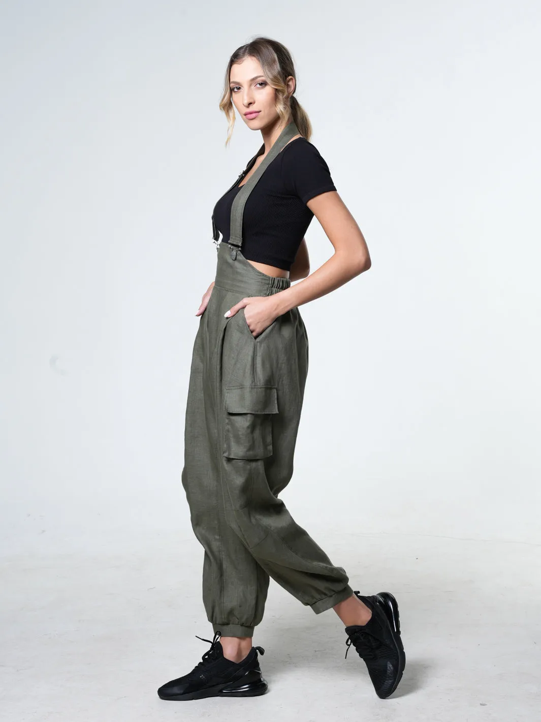 Oversize Linen Jumpsuit In Khaki