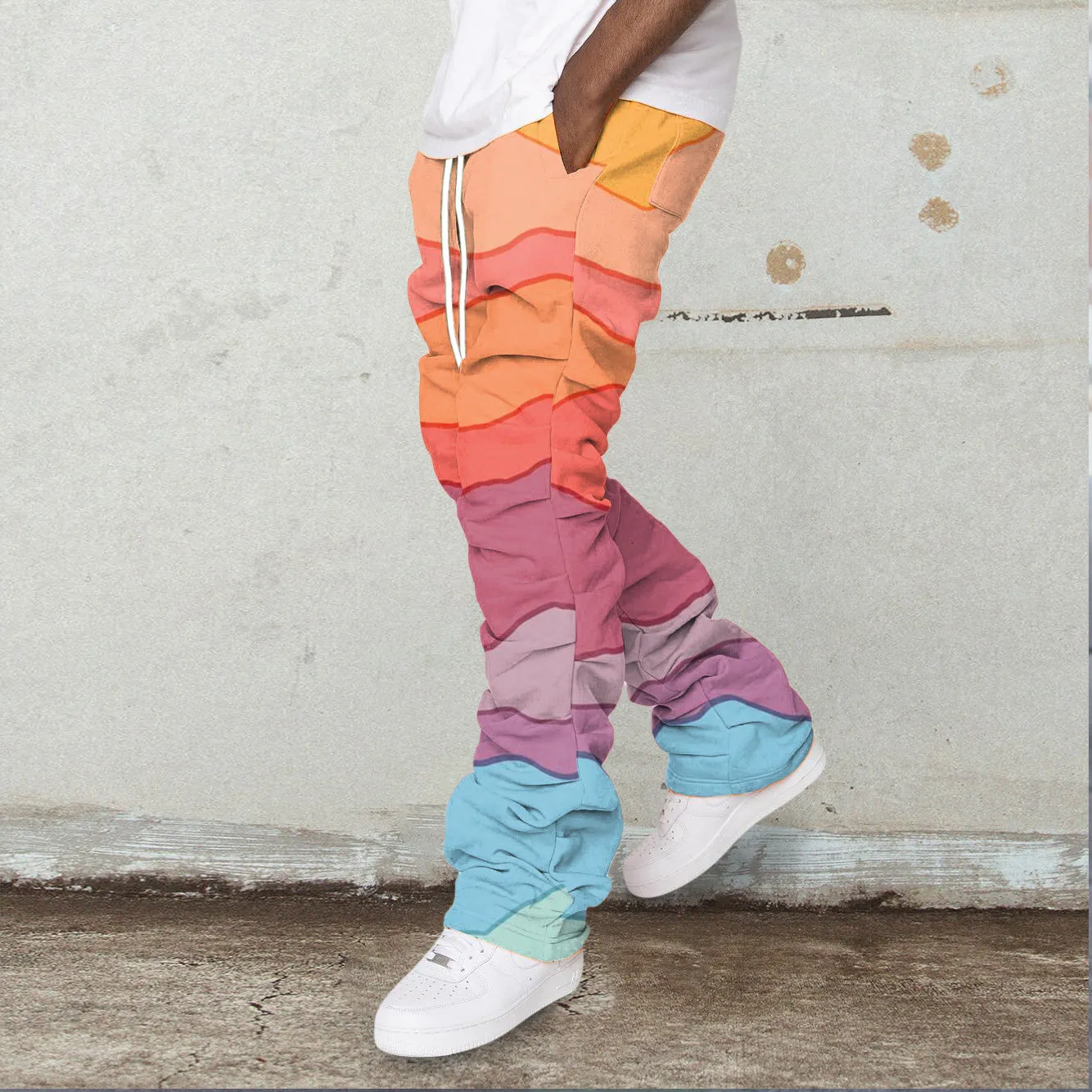 Rainbow Wave Print Tide Brand Stacked Hip-Hop Trousers