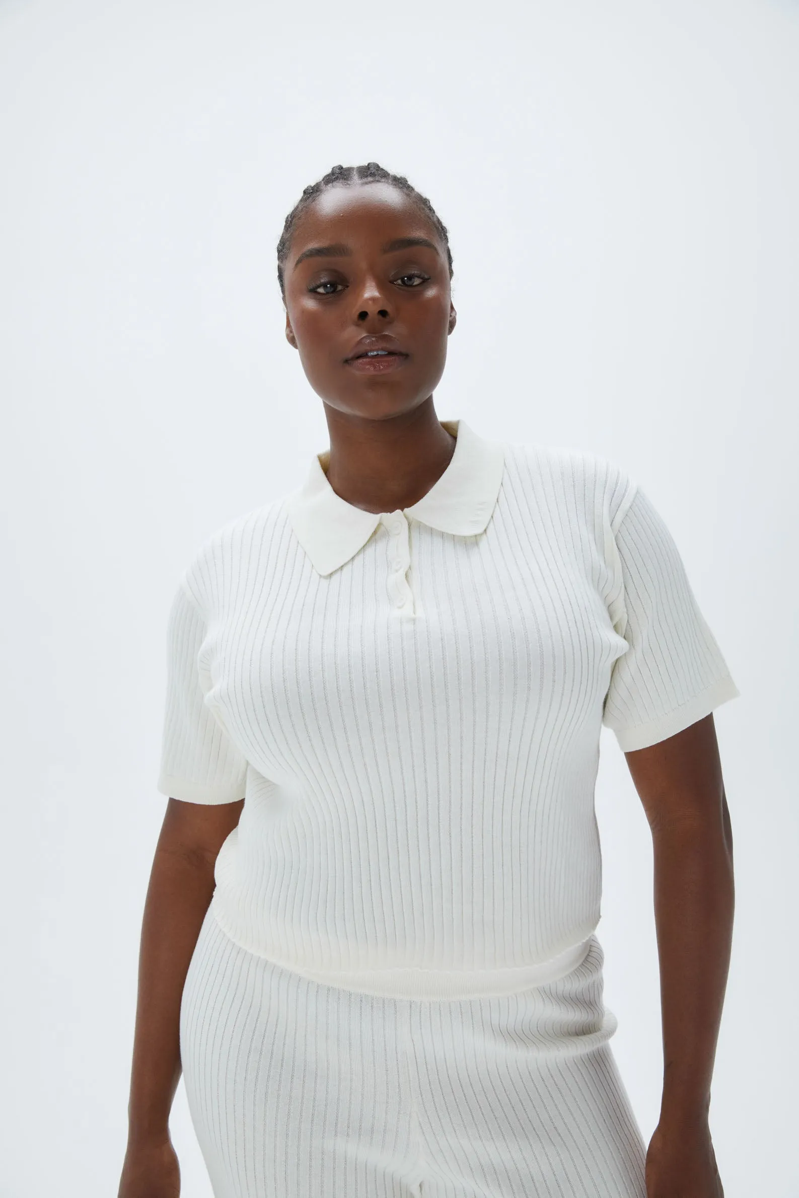 Rib Knit Short Sleeve Polo Top - Marshmallow White