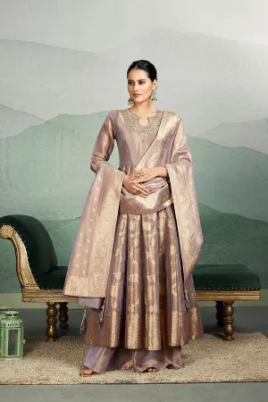 Rose Gold Embellished Brocade Silk  Anarkali Set