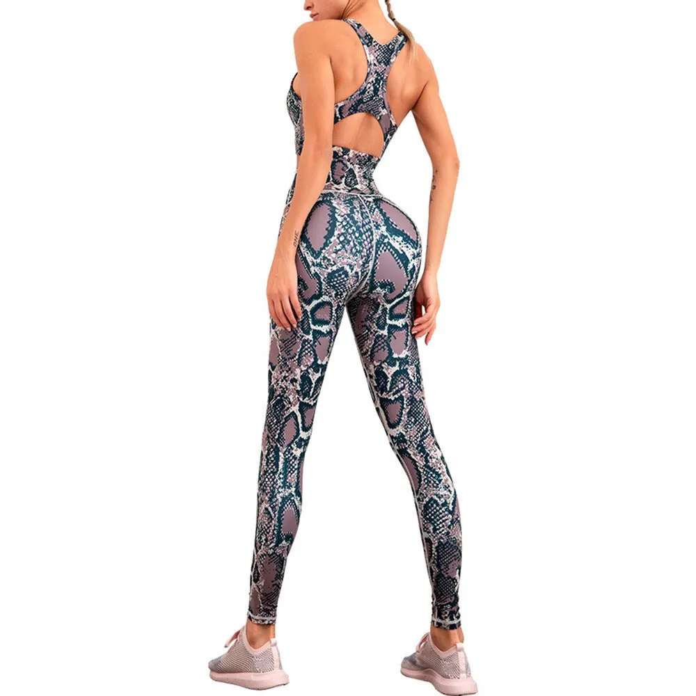 Snake Print High Waist Compression Workout Leggings and Bra Set - Yoga Clothing