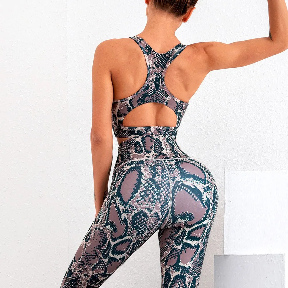 Snake Print High Waist Compression Workout Leggings and Bra Set - Yoga Clothing