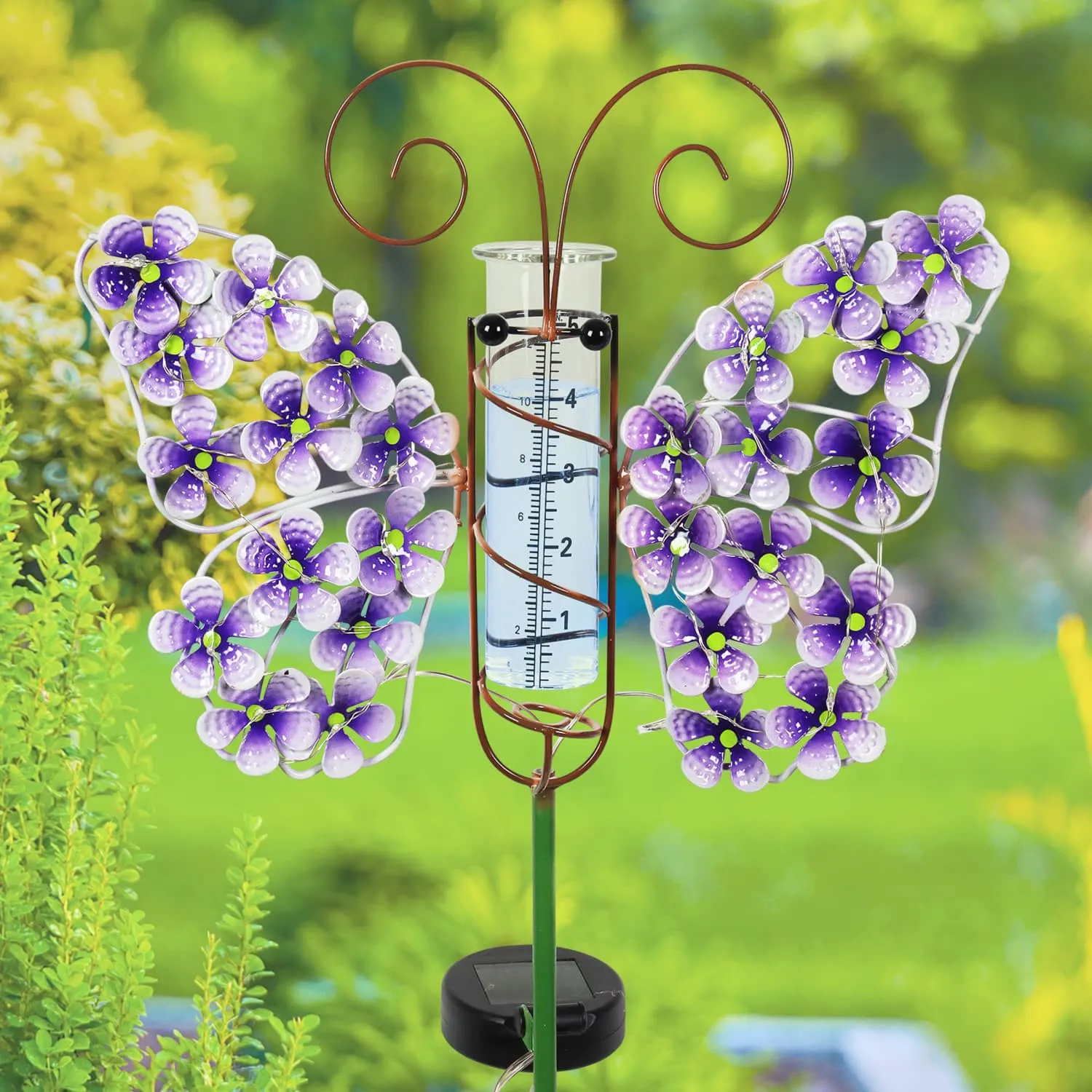 Solar Metal and Glass Purple Butterfly Rain Gauge Garden Stake, 12 by 40 Inches