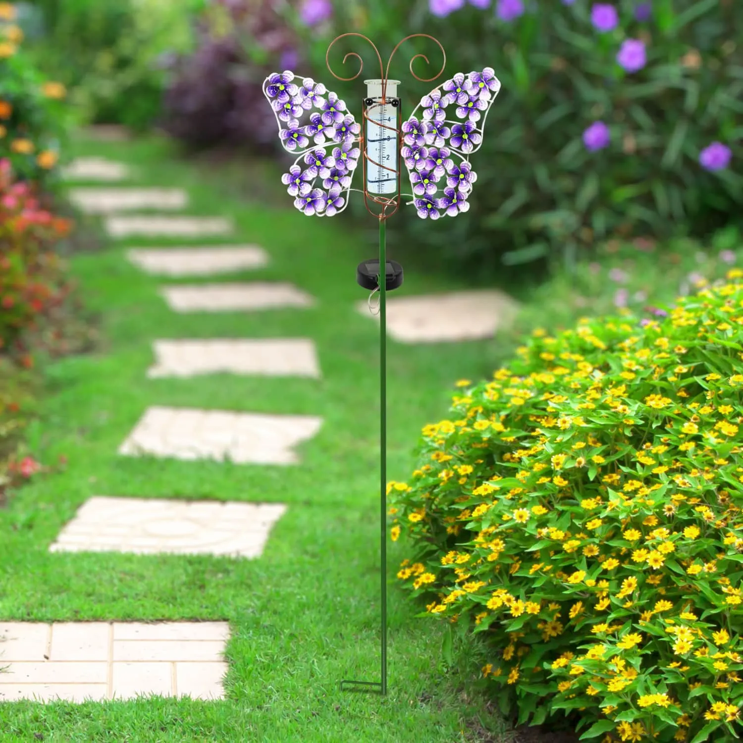 Solar Metal and Glass Purple Butterfly Rain Gauge Garden Stake, 12 by 40 Inches