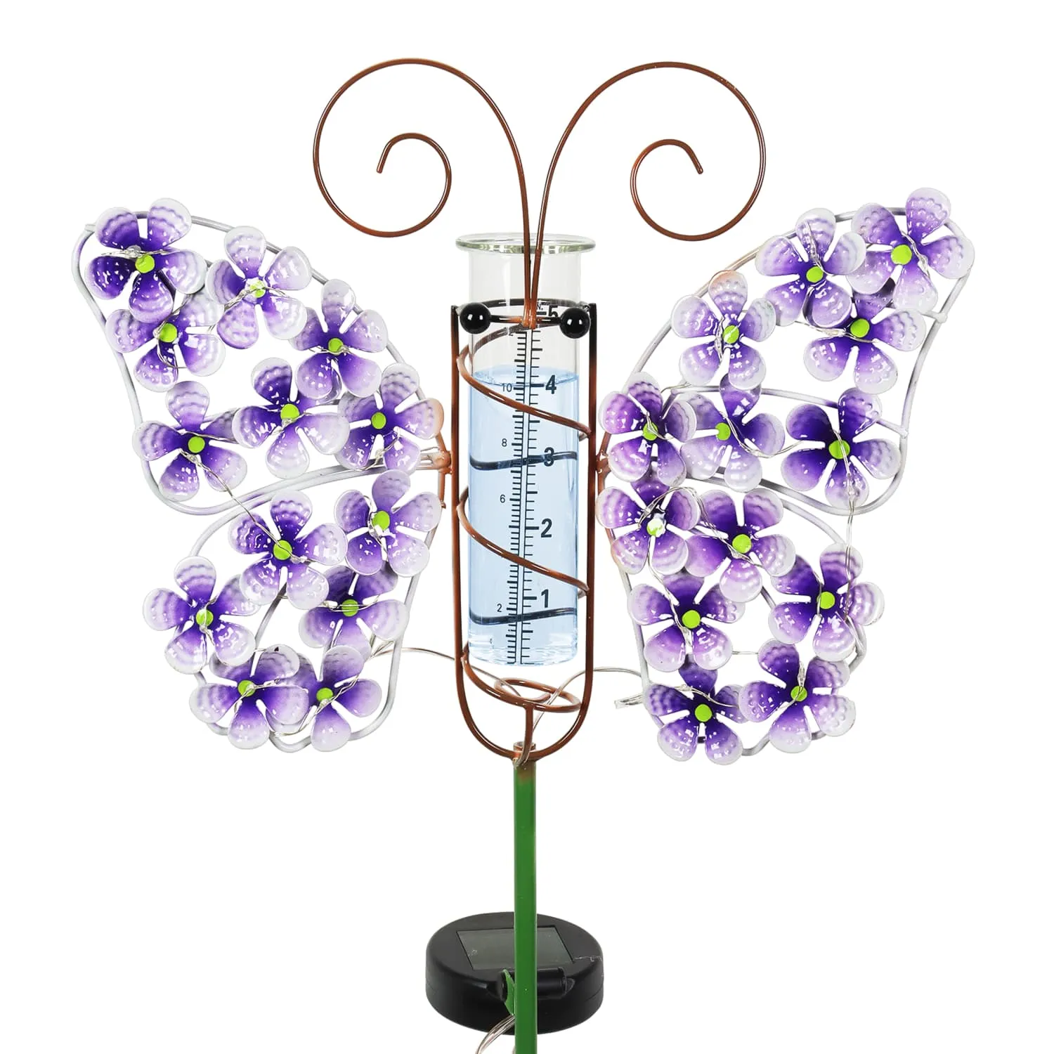 Solar Metal and Glass Purple Butterfly Rain Gauge Garden Stake, 12 by 40 Inches