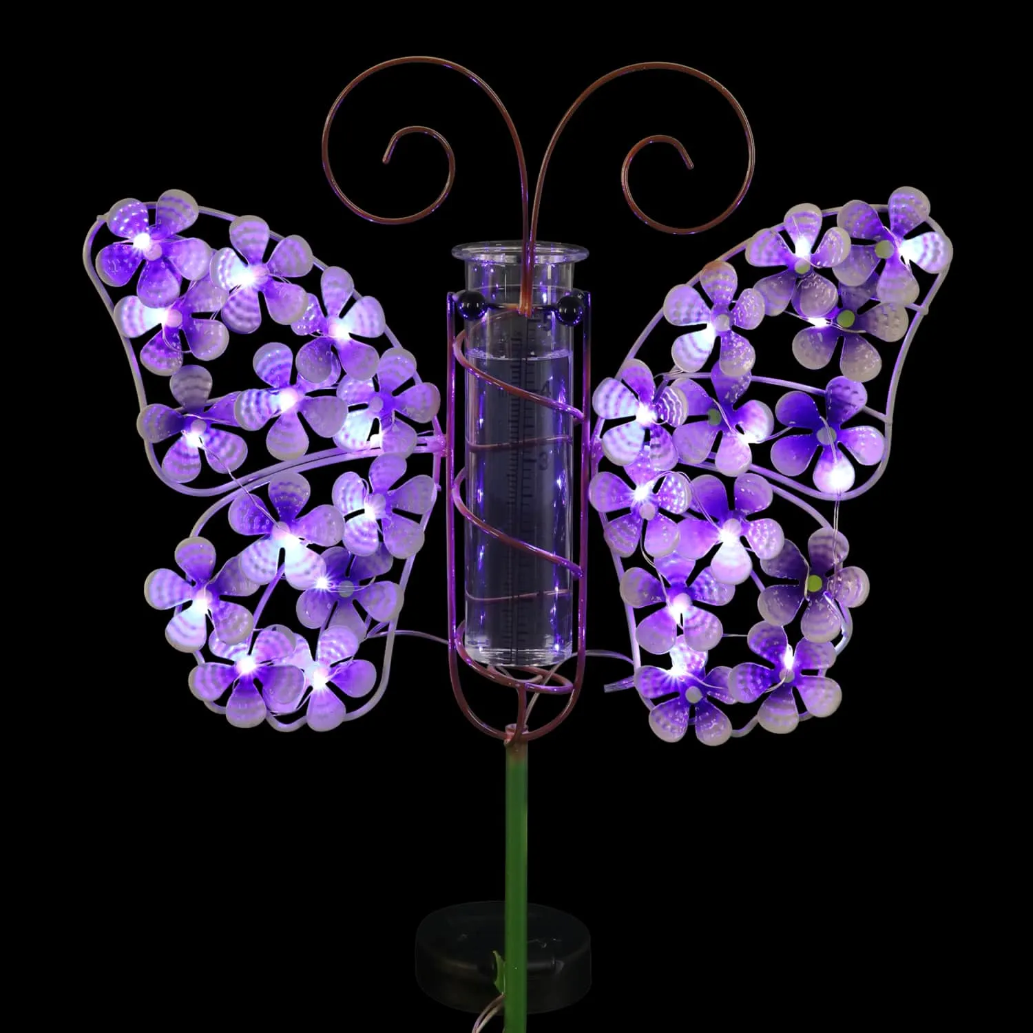 Solar Metal and Glass Purple Butterfly Rain Gauge Garden Stake, 12 by 40 Inches