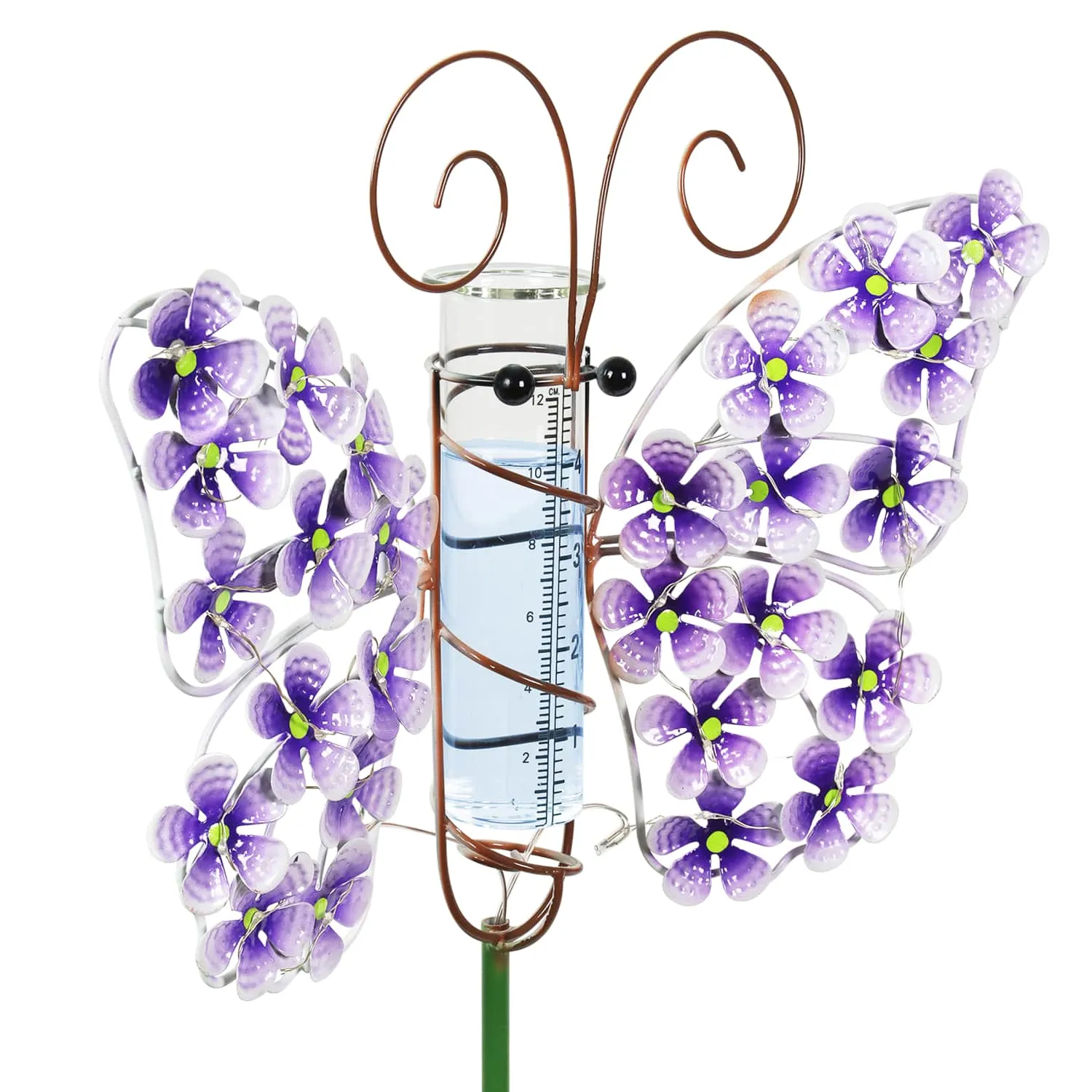 Solar Metal and Glass Purple Butterfly Rain Gauge Garden Stake, 12 by 40 Inches