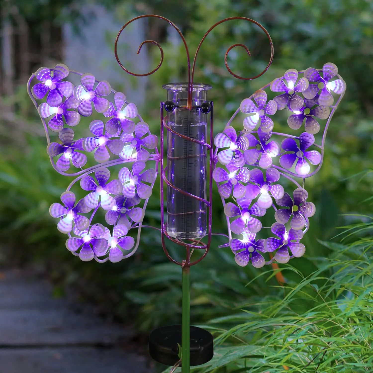 Solar Metal and Glass Purple Butterfly Rain Gauge Garden Stake, 12 by 40 Inches