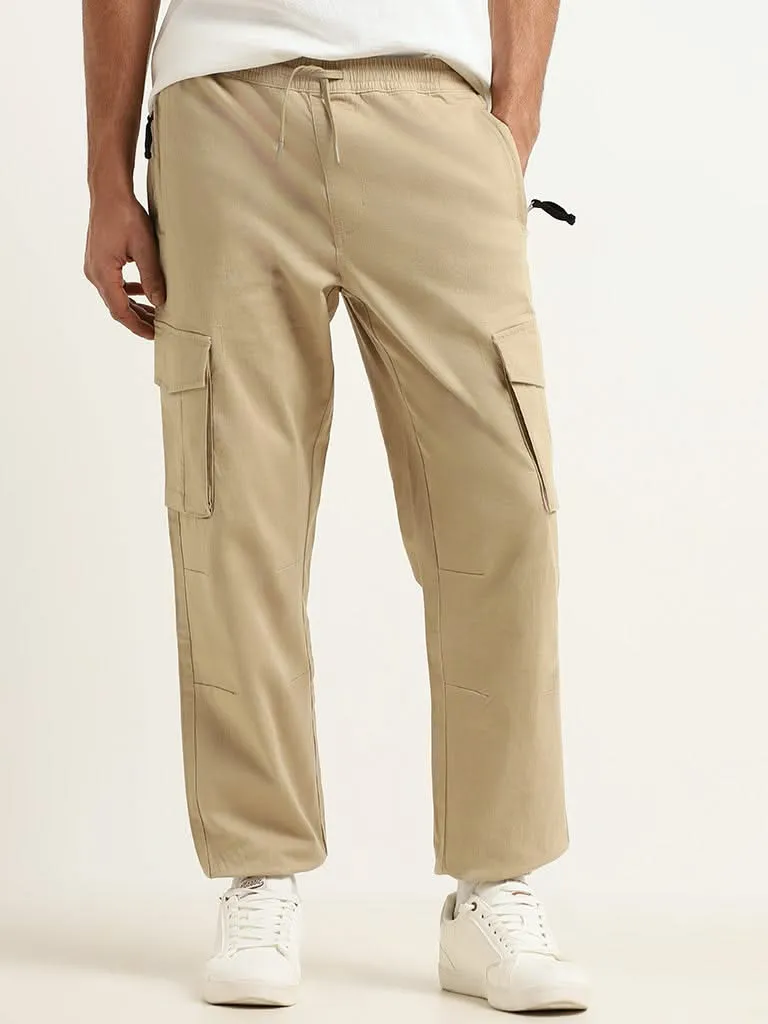 WES Casuals Beige Cargo Cotton Blend Relaxed-Fit Joggers