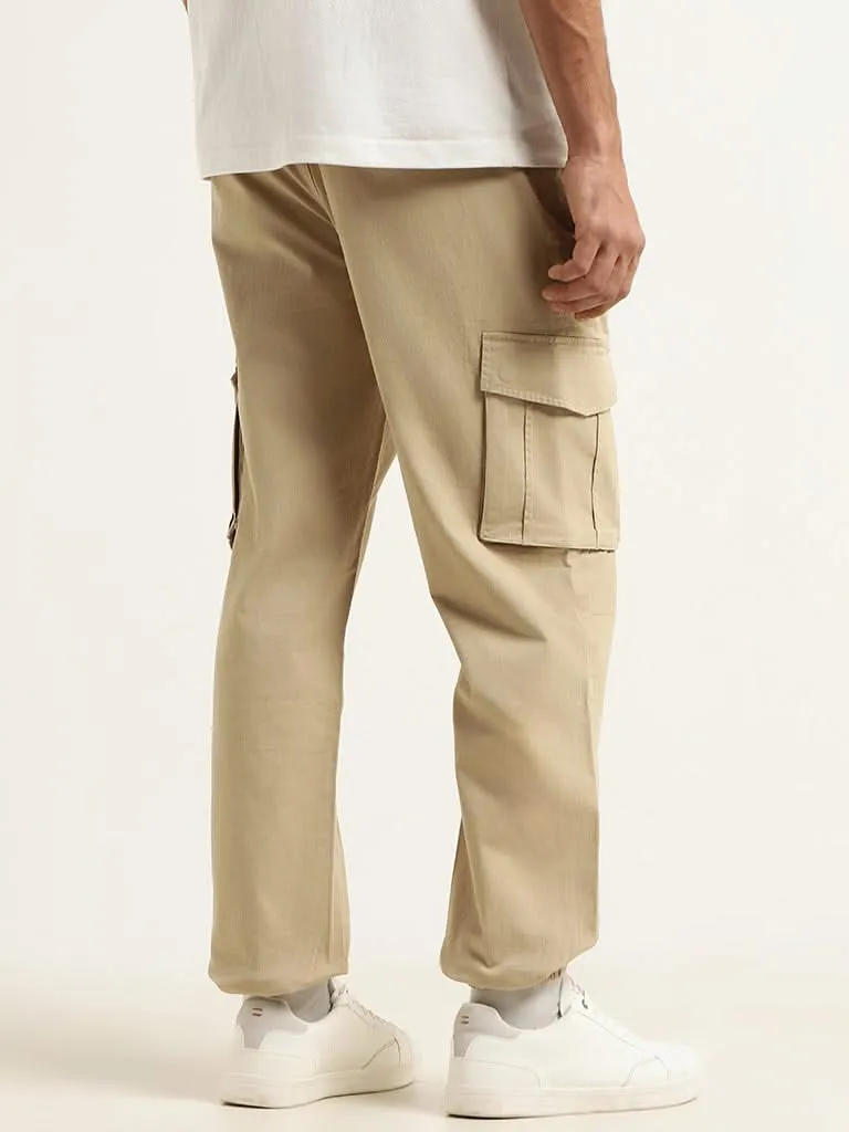 WES Casuals Beige Cargo Cotton Blend Relaxed-Fit Joggers