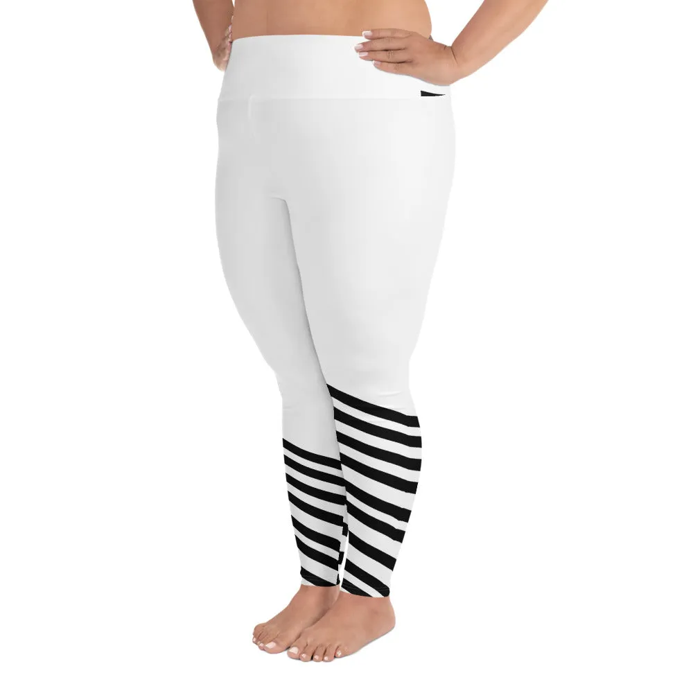 White Black Diagonal Striped Tights, Best Women's Sports Fitness Ankle Length Plus Size Leggings