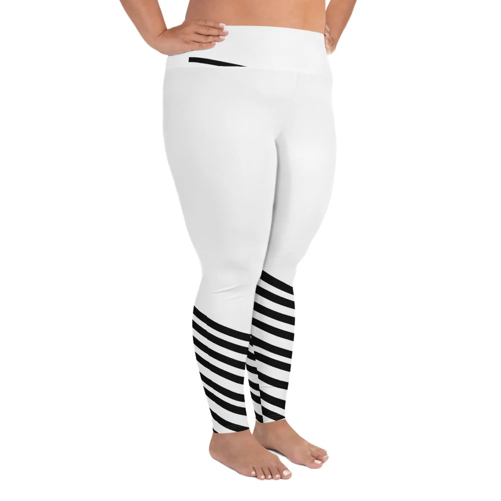 White Black Diagonal Striped Tights, Best Women's Sports Fitness Ankle Length Plus Size Leggings